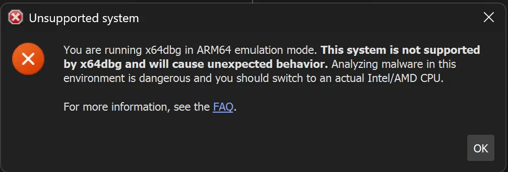 x64dbg ARM warning